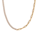 Collar bañado en oro de 18K con cadena tenis y eslabones de clip con circonitas - Collar de Costura de Clip de Papel de Cadena de Zirconia (Oro-Zircón Blanco)