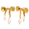 Eleganti orecchini a fiocco placcati oro 18K con perle barocche bianche da donna - Oro
