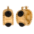 Vintage 18K gold plated thick hoop earrings with large round black gemstone cabochons - Gold-Black Agate