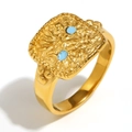 Bague plaqué or 18K avec texture martelée et deux ornements en pierre bleue - Bague Carrée Soleil Martelée - Or