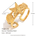 18K gold plated stainless steel open ring featuring starfish and seashell design - Starfish Shell Open Ring - Gold
