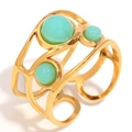 Gold plated open ring featuring triple green turquoise stones and layered hollow lines - Emerald Open Ring-Gold-Light Green