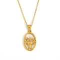 Gold plated stainless steel necklace featuring embossed ram head oval pendant with crystals - Aries / Gold