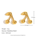 Detailed view of 18K gold plated cherry stud earrings with size measurements - Small Cherry Stud Earrings - Gold