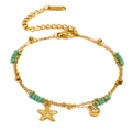 Zweilagiges 18K vergoldetes Edelstahl-Seestern-Armband mit türkisfarbenen Perlen - Seestern / Gold