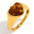 Golden heart signet ring in polished stainless steel with tiger eye stone inlay - US 6 / Gold + Tiger Eye Gravel