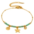 Gold plated stainless steel starfish bracelet with green beads and shell charms - Green Bead Natural Stone Starfish Bracelet - Gold