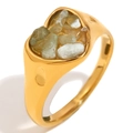 18K gold plated heart ring with crushed green gemstone inlay and wide polished band - US 6 / Gold + White Jade Gravel