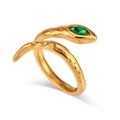 Golden snake ring in irregular textured finish with green gemstone eye details - Irregular Hammered Snake Ring - Green Eyes / Adjustable Open