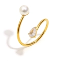 Anello a spirale in acciaio placcato oro 18K con perla e zircone a forma di goccia - Stile Asimmetrico Con Perla Sintetica E Zirconia / Oro