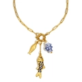 18K gold plated stainless steel paperclip chain necklace with three colorful fish pendants - Gold