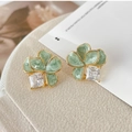 French style floral earrings with green enamel petals and square zircon in gold finish - Green