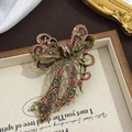 Vintage bow brooch in antique gold finish with pink rhinestones and lace texture - Pink Rhinestone Bowknot (Vintage Bowknot Brooch - Pink Diamond) / Pink