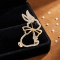 Elegant gold-plated rabbit brooch with sparkling white diamonds in a velvet gift box - As Shown