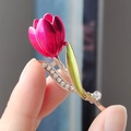 Elegant rose red tulip brooch with green enamel leaves and sparkling crystals in gold - Tulip Style (XZ0135)