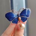 Elegant dark blue enamel butterfly brooch with rose gold trim and dangling pearl detail - Dark Blue Style (XZ0344-1)