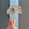 Elegant gold ginkgo leaf brooch with sparkling crystals for luxury suit accessory - Double Leaf Layered Rhinestone Style (XZ0285-3) / Gold with Zirconia