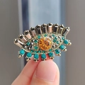Vintage gold eye brooch with a large amber stone and colorful crystal rhinestone details - Orange Stone Style (XZ0376-2) / Orange