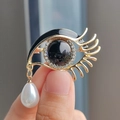 Vintage eye-shaped gold brooch with black stone, rhinestones and pearl drop pendant - Black Pearl Style (XZ0376-3) / Black