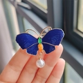 Elegant gold butterfly brooch with dark blue enamel wings and a white pearl drop pendant - Ink Blue Style (XZ0344-2)