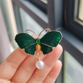 Elegant butterfly brooch in dark green enamel with a white pearl drop pendant - Emerald Green Style (XZ0344-4)