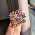 Macro shot of retro flower basket brooch with vibrant colorful rhinestones and gold finish - Multicolor Flower Basket (XZ0478-1)