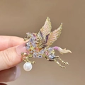 Exquisite flying horse brooch with colorful crystals and pearls in gold finish - Pegasus Pearl Brooch