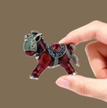 Exquisite horse brooch in red enamel with ruby-colored crystal and silver outline - Vintage Red Rocking Horse Brooch