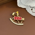 Exquisite gold-plated rocking horse brooch with red enamel rings and sparkling zircons - Golden Hollow Pony Brooch