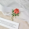 Elegant coral pink peony flower brooch with green enamel leaves and white pearls on gold metal - Peony Style