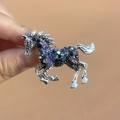Elegant silver horse brooch with blue and purple rhinestones for suits and coats - Enamel Steed Brooch Blue