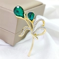 Elegante Tulpen-Brosche mit grünen Katzenaugen-Steinen und Kristallen auf vergoldeter Basis - Gold