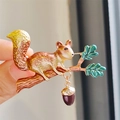 Japanese style squirrel and acorn enamel brooch with movable pendant for women - Brown