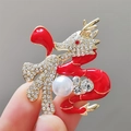 Chinese New Year dragon brooch in red enamel with sparkling crystals and a white pearl - Gold Red