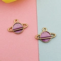 Golden planet Saturn charms with purple enamel and glitter for DIY jewelry making - Purple Celestial Planet