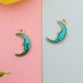 Golden alloy moon pendants with turquoise enamel and starry glitter for DIY jewelry - Green Moon Face