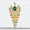 Peacock brooch in gold-tone metal with multi-color rhinestones and a large green crystal - Peacock Brooch / Emerald Gold
