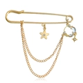 Gold safety pin brooch with sparkling star and moon pendants and double-layered chains - Star Moon Double Chain Tassel Style (894 Gold)