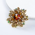 Vintage oversized flower brooch featuring amber crystals and bronze metal accents - Antique Gold Champagne