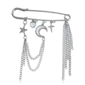 Broche de estrella y luna plateada con corazón de strass y flecos de cadena múltiples - Estilo Estrella Luna Corazón Flecos (514 Color Acero)