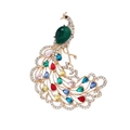 Elegant gold peacock brooch with multi-color rhinestones and a deep green teardrop gem - Colorful Crystal