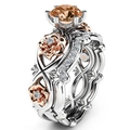 Ringenset met champagne edelsteen en bloemige rozenranken in zilver en roségoud - US 5 / Champagne