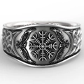 Anillo de brújula vikinga vintage con símbolo Aegishjalmur y relieve de cuervo de Odín - Aegishjalmur (CY555)