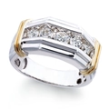 Anillo bicolor para hombre con cinco piedras de circonita y banda con diseño escalonado - Fila de Cinco Diamantes (CY597)