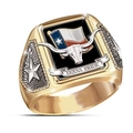 Texas Pride ring featuring longhorn bull head and flag over black enamel background - Size 7 / Texas State Flag (CY636)