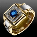 Luxurious men's blue sapphire ring featuring gold and silver two-tone metal band - US 7 / Sapphire Style Round Stone(CY669)