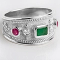 Retro bohemian wide band silver ring with emerald cut green stone and 18k gold plating - Size 6 / Silver