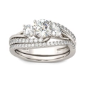 Elegante witgouden bruidsringset met drie stenen en verweven pavé gezette diamantbanden - US 5 / Witgoud