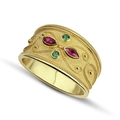 Retro 18k gold plated wide ring with matte finish, rubies and emeralds on white background - Size 6 / Gold Style (CY1284)