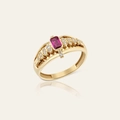 Elegante anello in oro con rubino rettangolare e accenti di foglie in zircone - Taglia 6 / Rosso